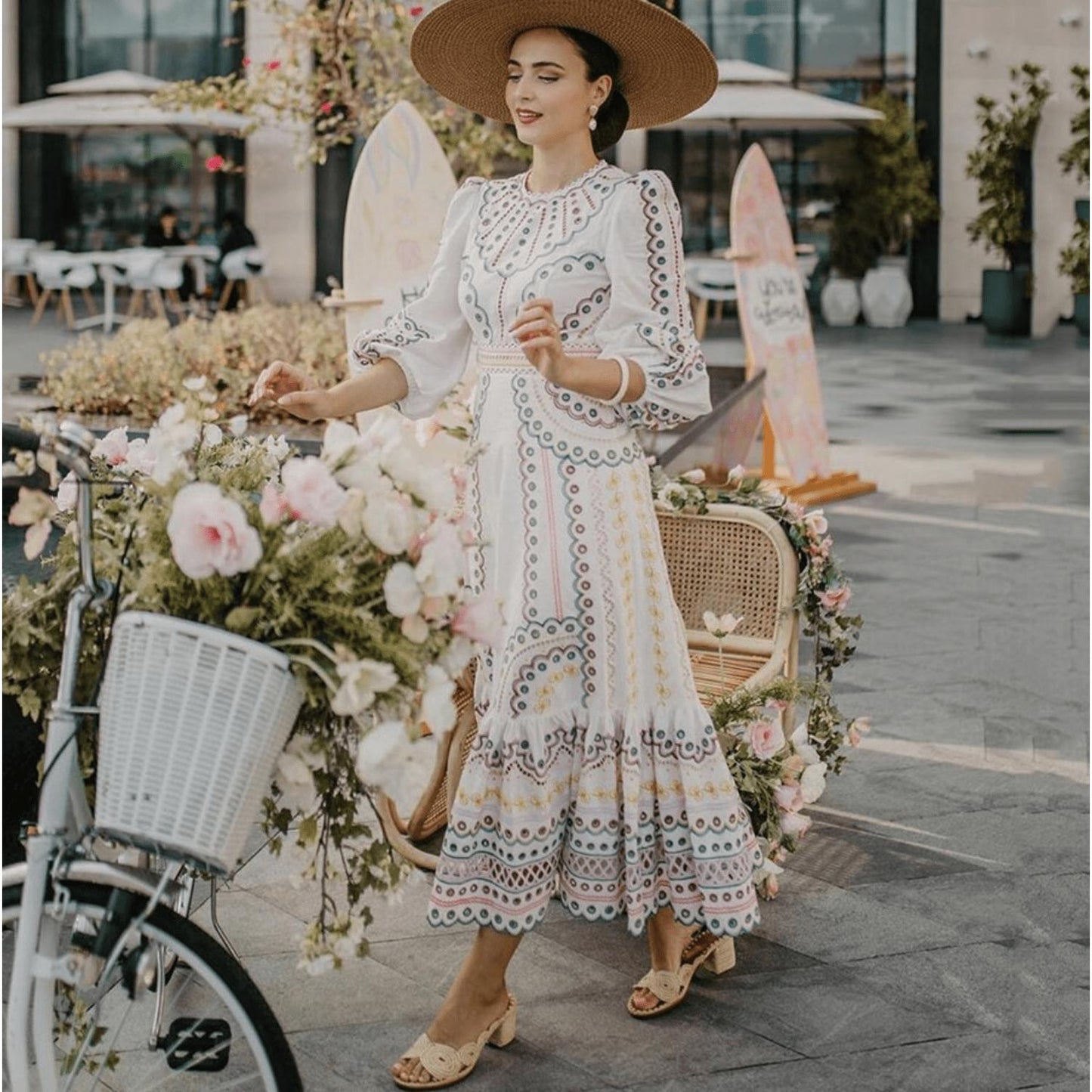 embroidered ruffled midi dress