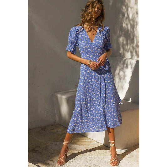 v-neck vintage flare sleeve midi dress