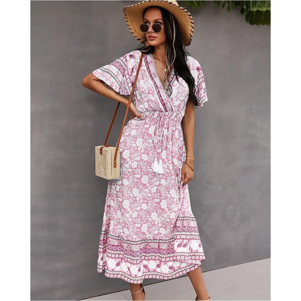 boho floral print light midi party dress