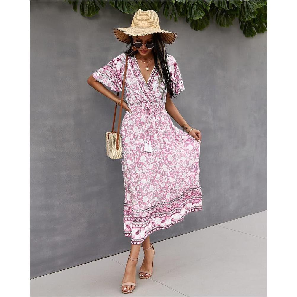 boho floral print light midi party dress