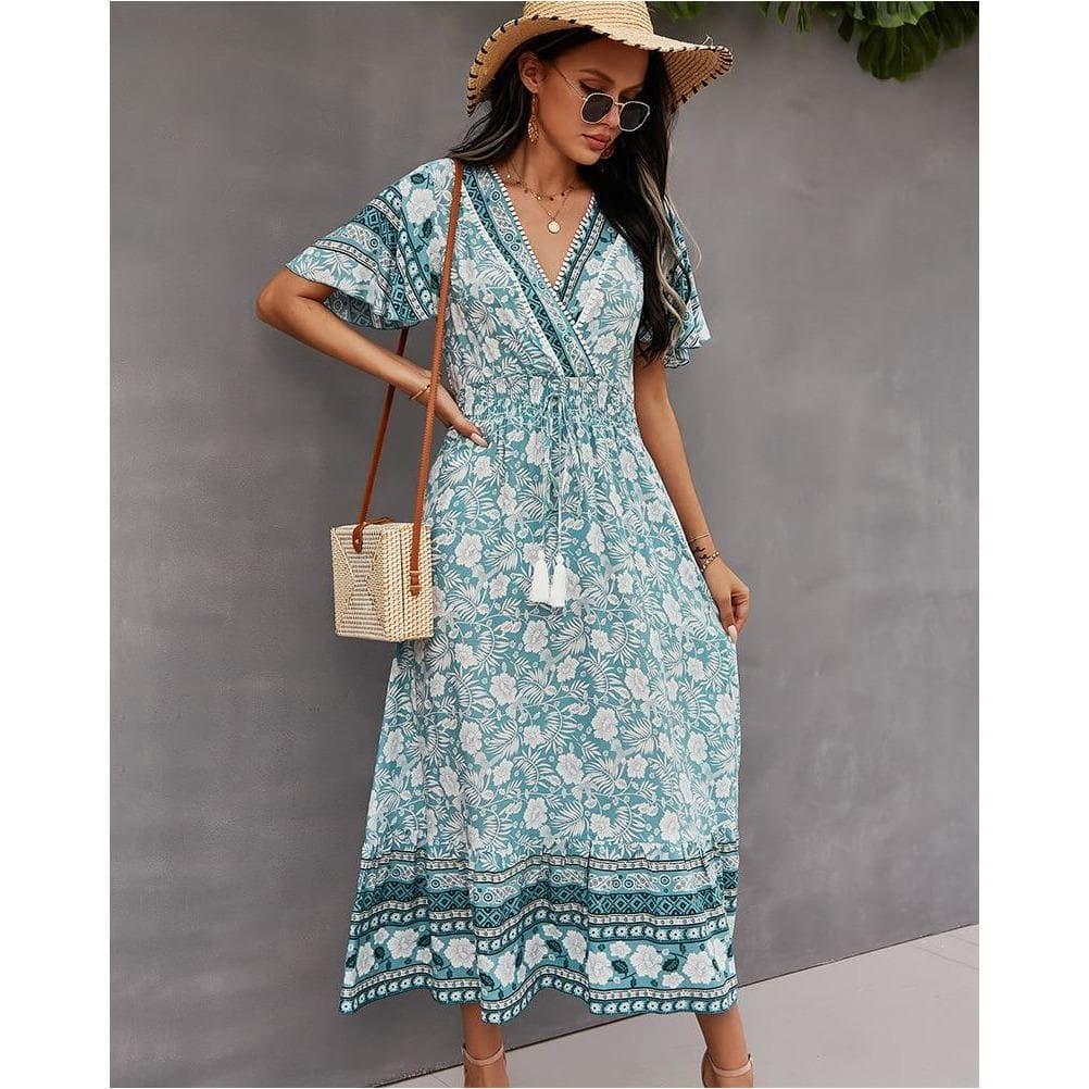 boho floral print light midi party dress