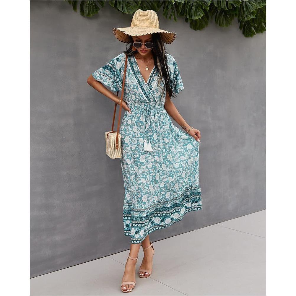 boho floral print light midi party dress