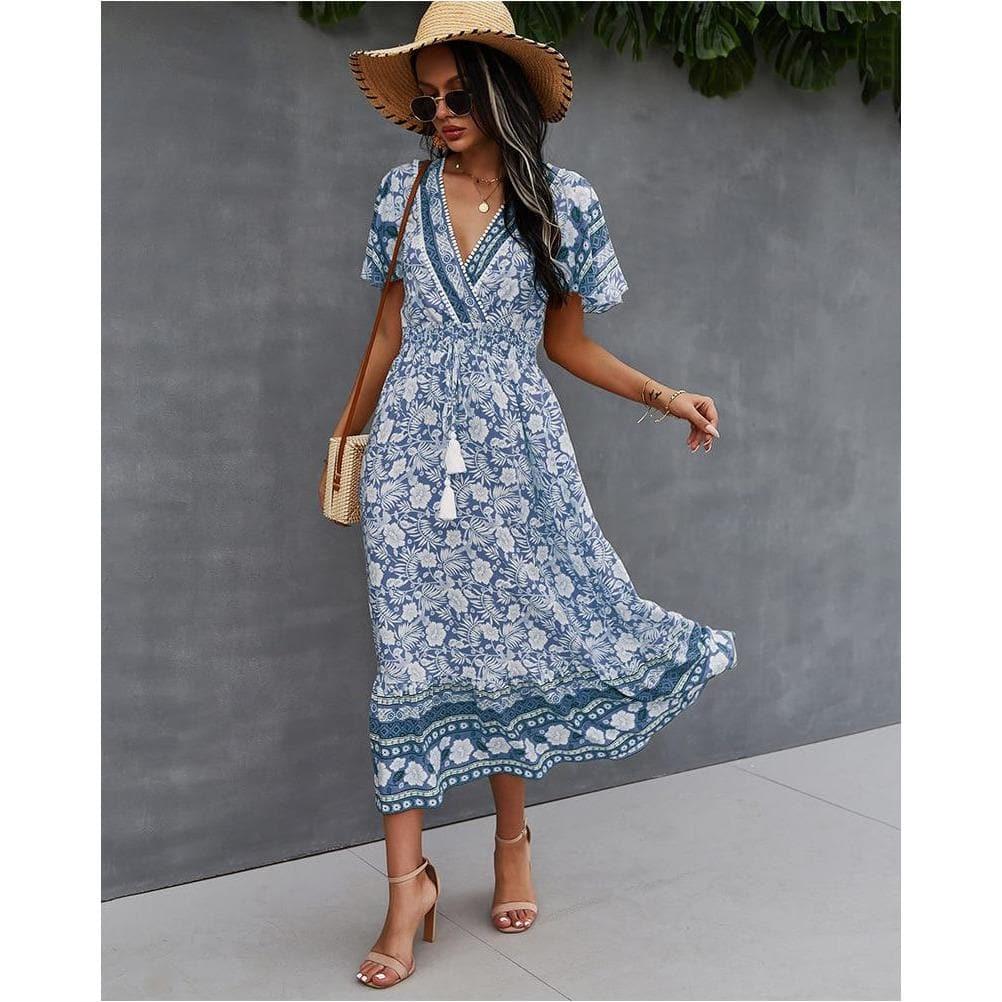 boho floral print light midi party dress