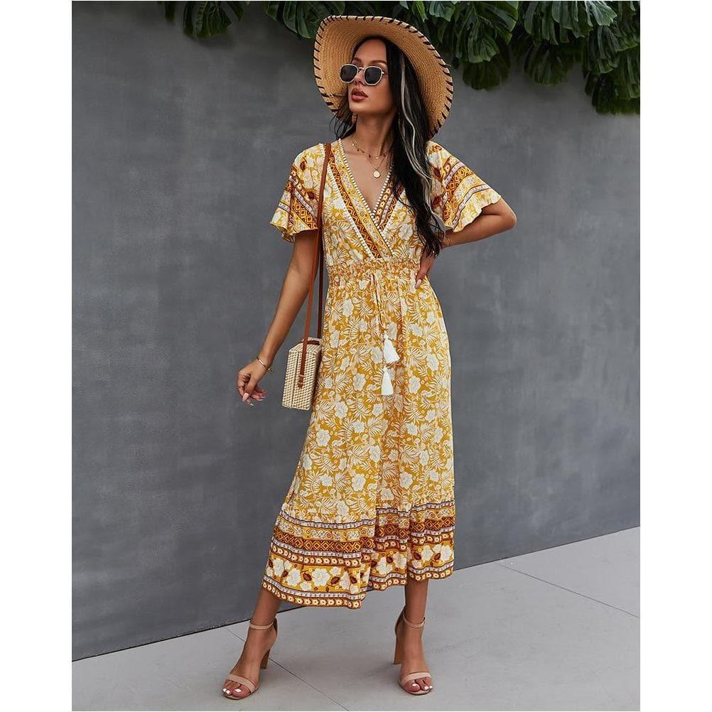 boho floral print light midi party dress