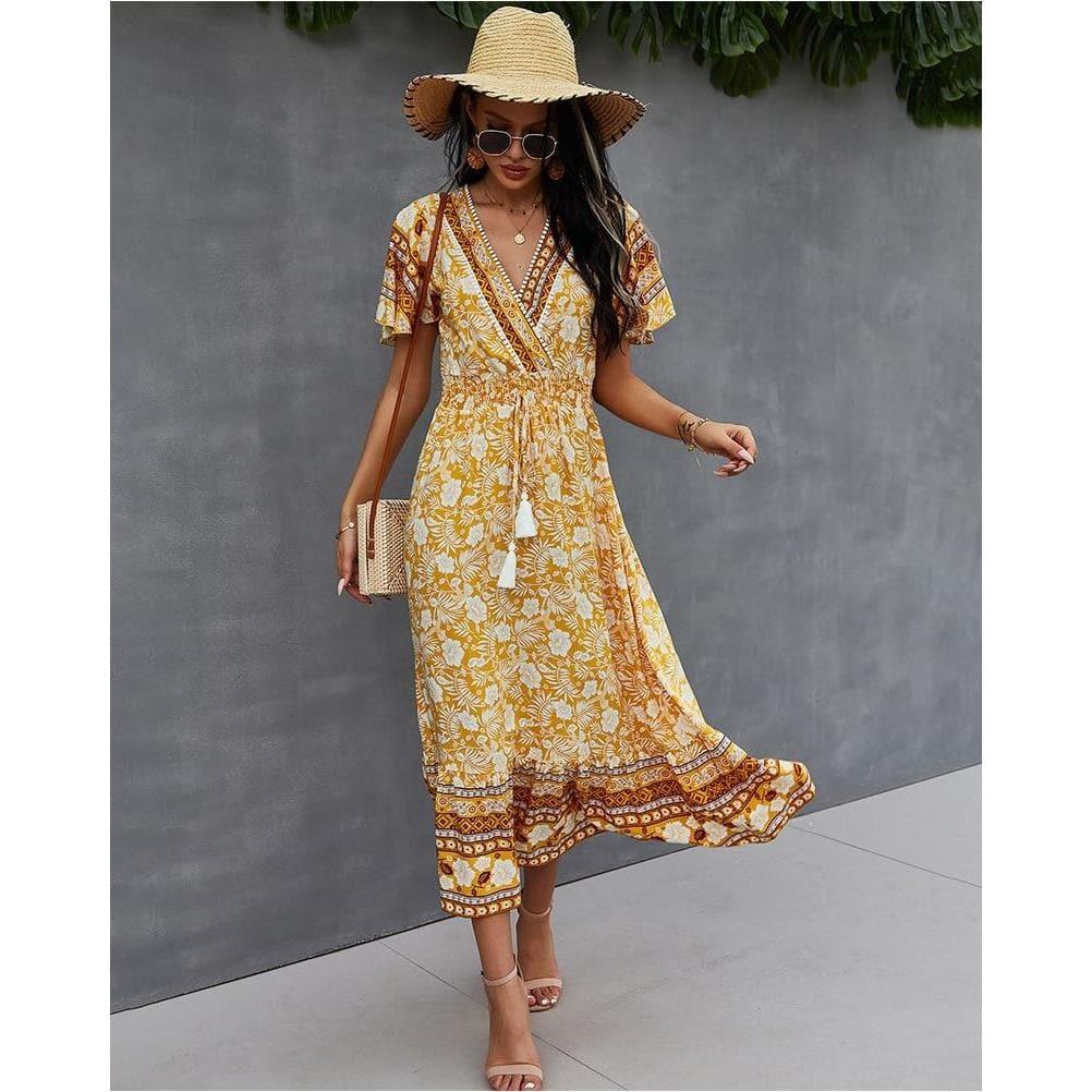 boho floral print light midi party dress