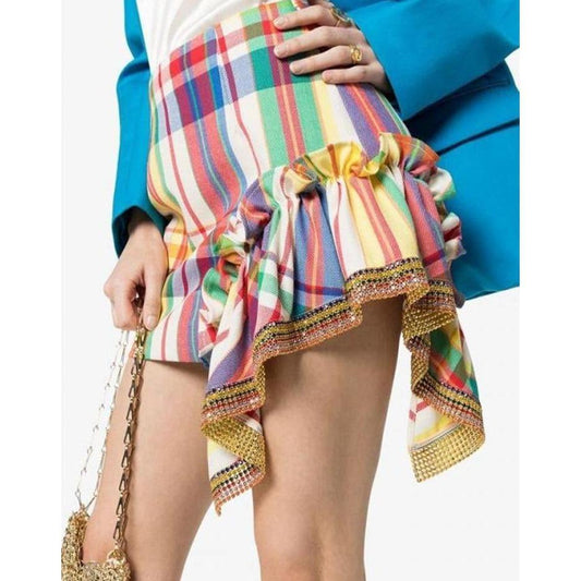 high waist multicolor plaid beaded