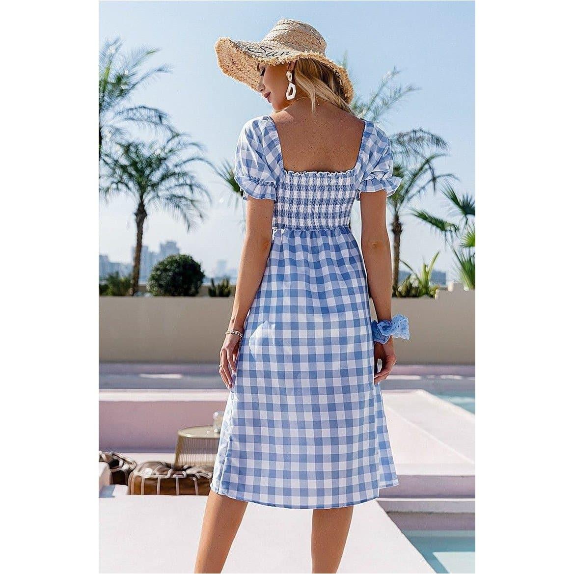 elegant square collar plaid high waist midi dress