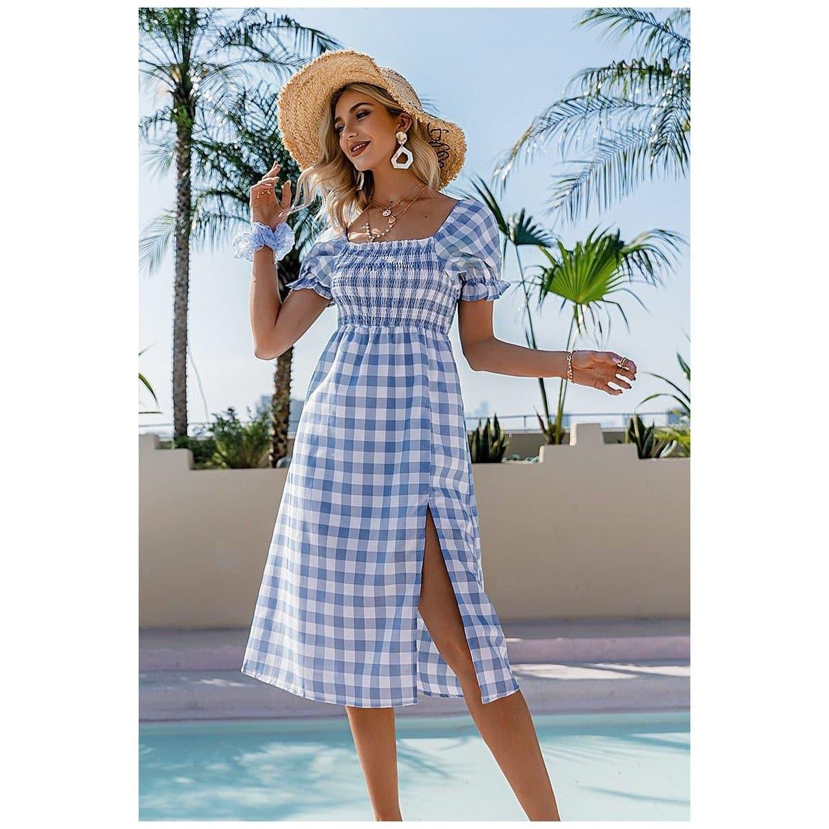 elegant square collar plaid high waist midi dress