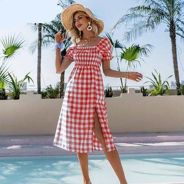 elegant square collar plaid high waist midi dress