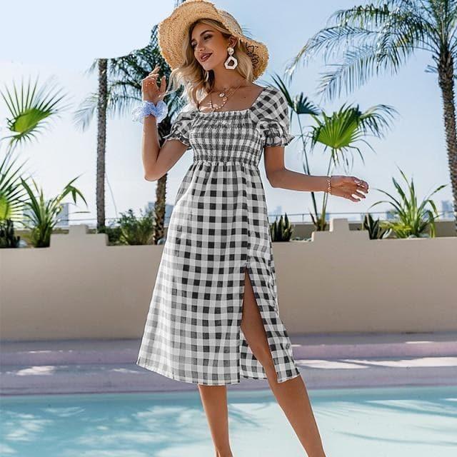 elegant square collar plaid high waist midi dress