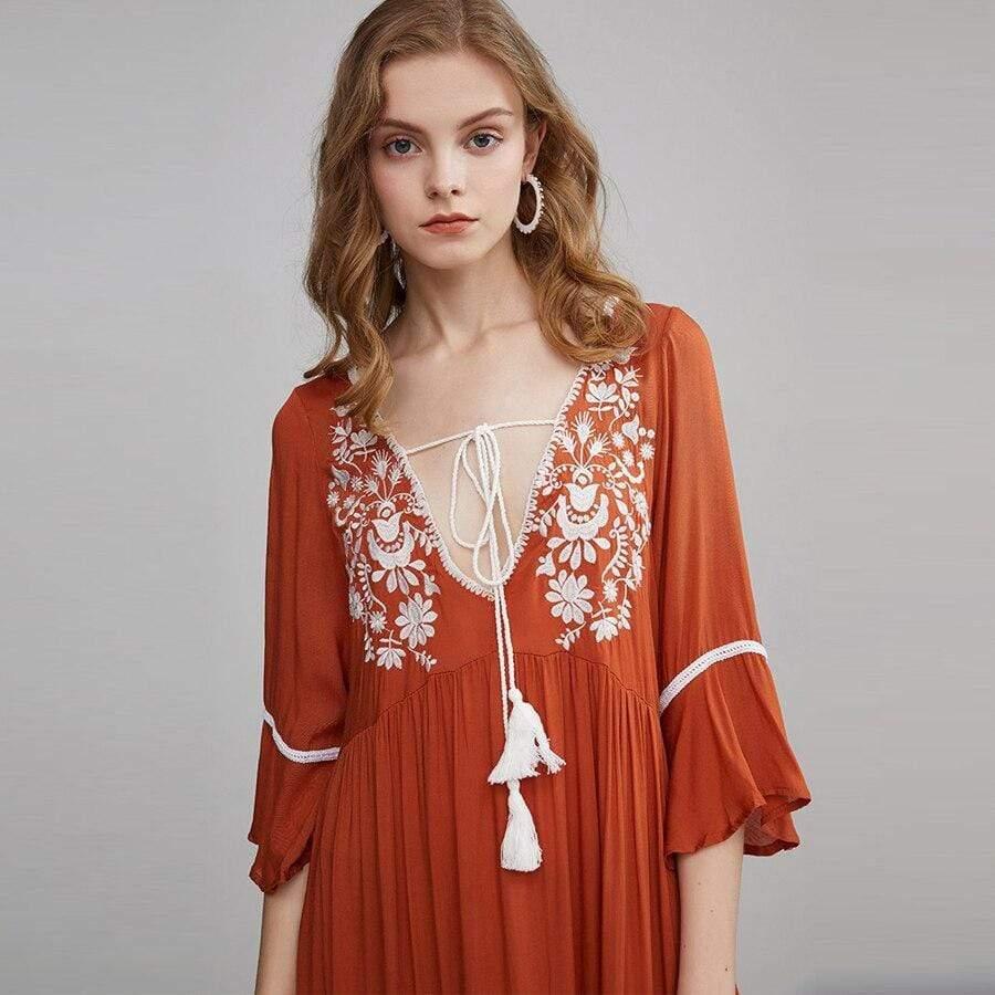 floral embroidery flare sleeve summer dress