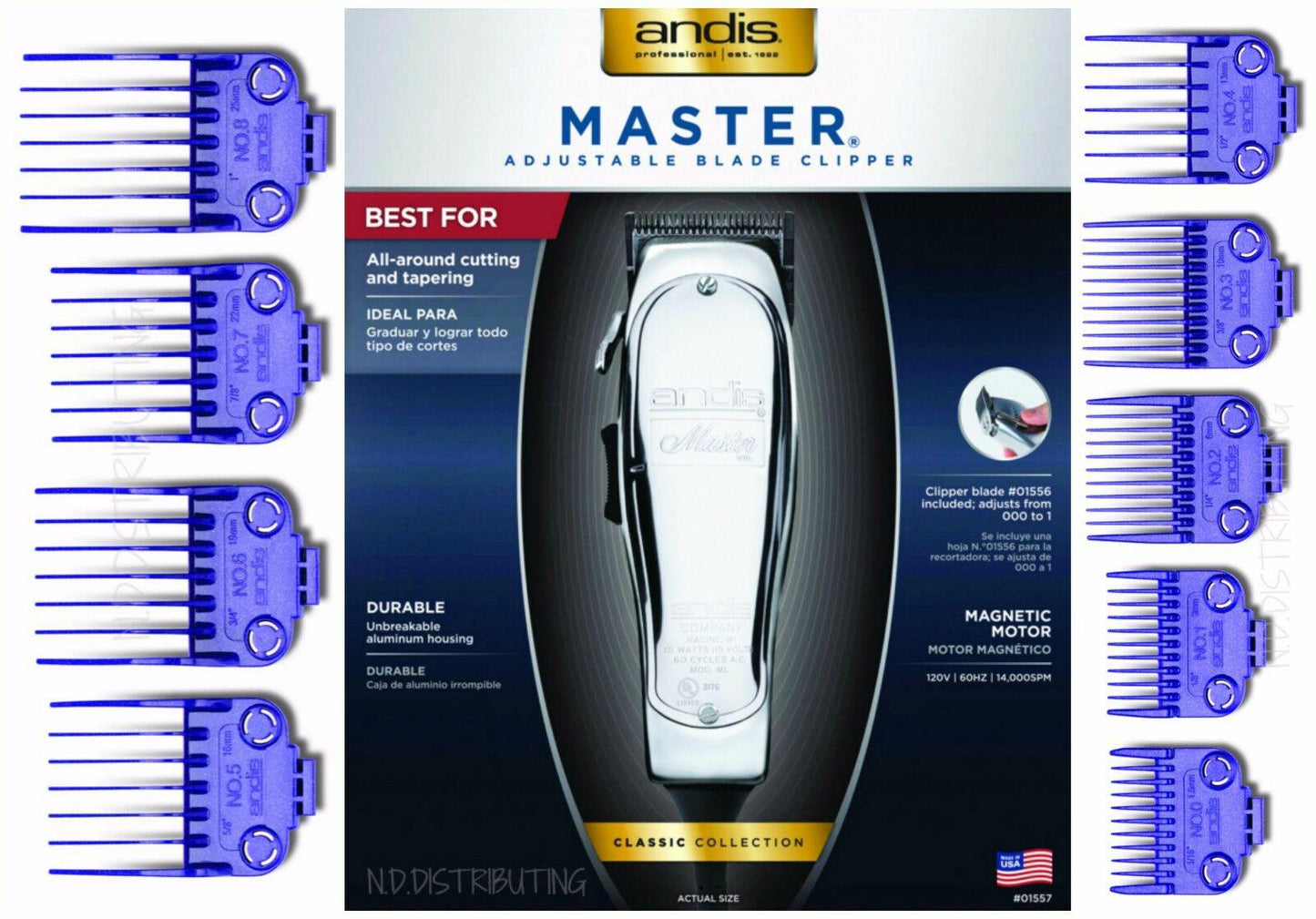 Andis  ML Clipper 1557 + 9 pack Nano DOUBLE MAGNET Comb Set #01410 #01415