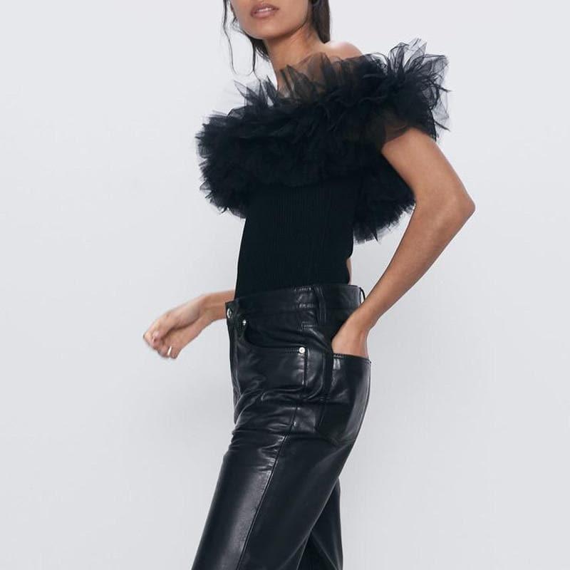 v neck ruffle mesh sleeve bodysuit