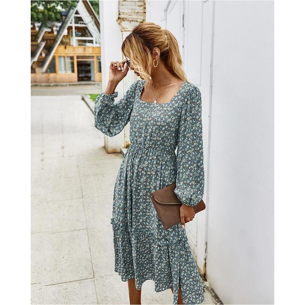 elegant long sleeve flower square collar dress