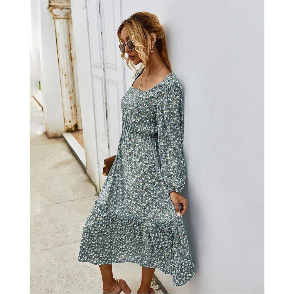 elegant long sleeve flower square collar dress