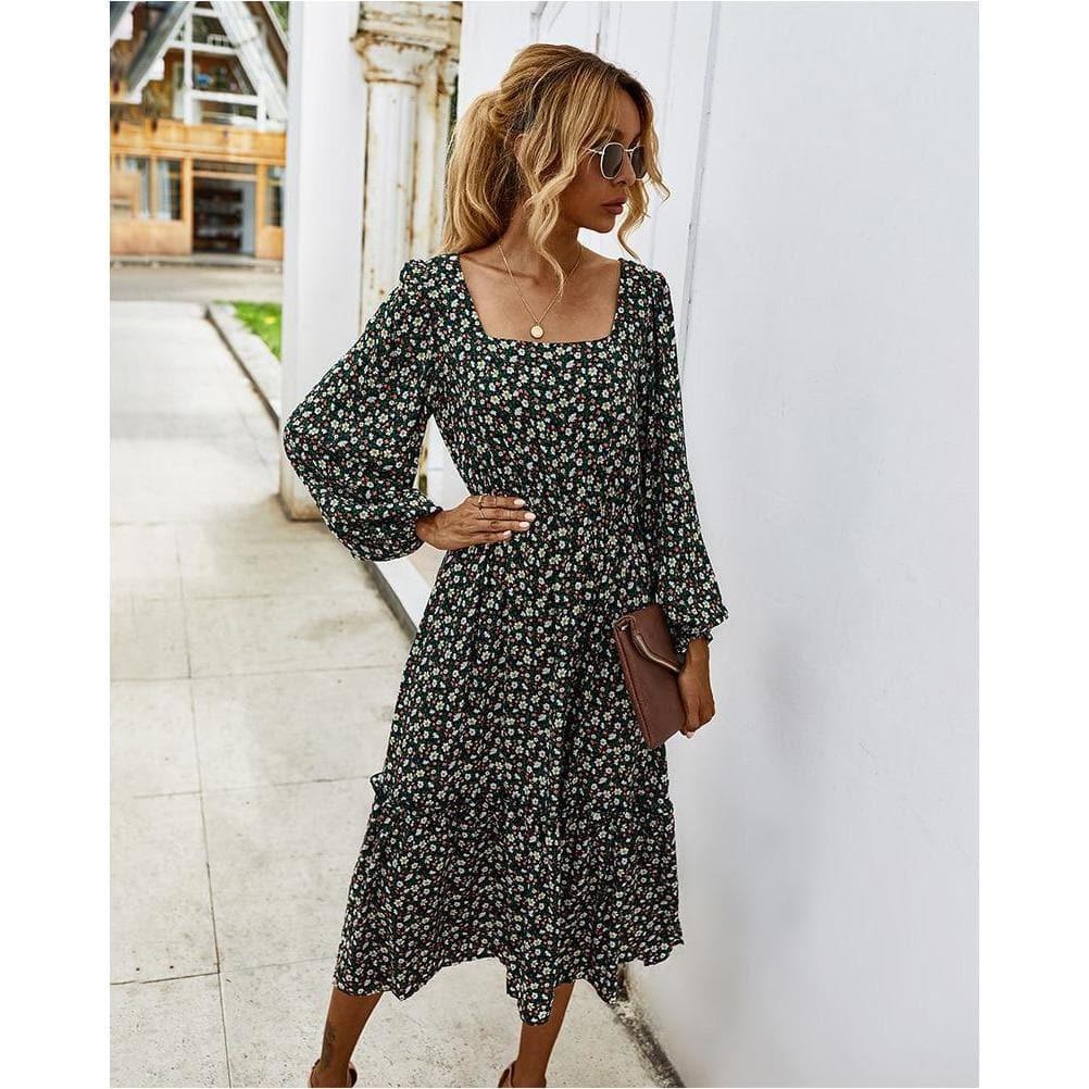 elegant long sleeve flower square collar dress