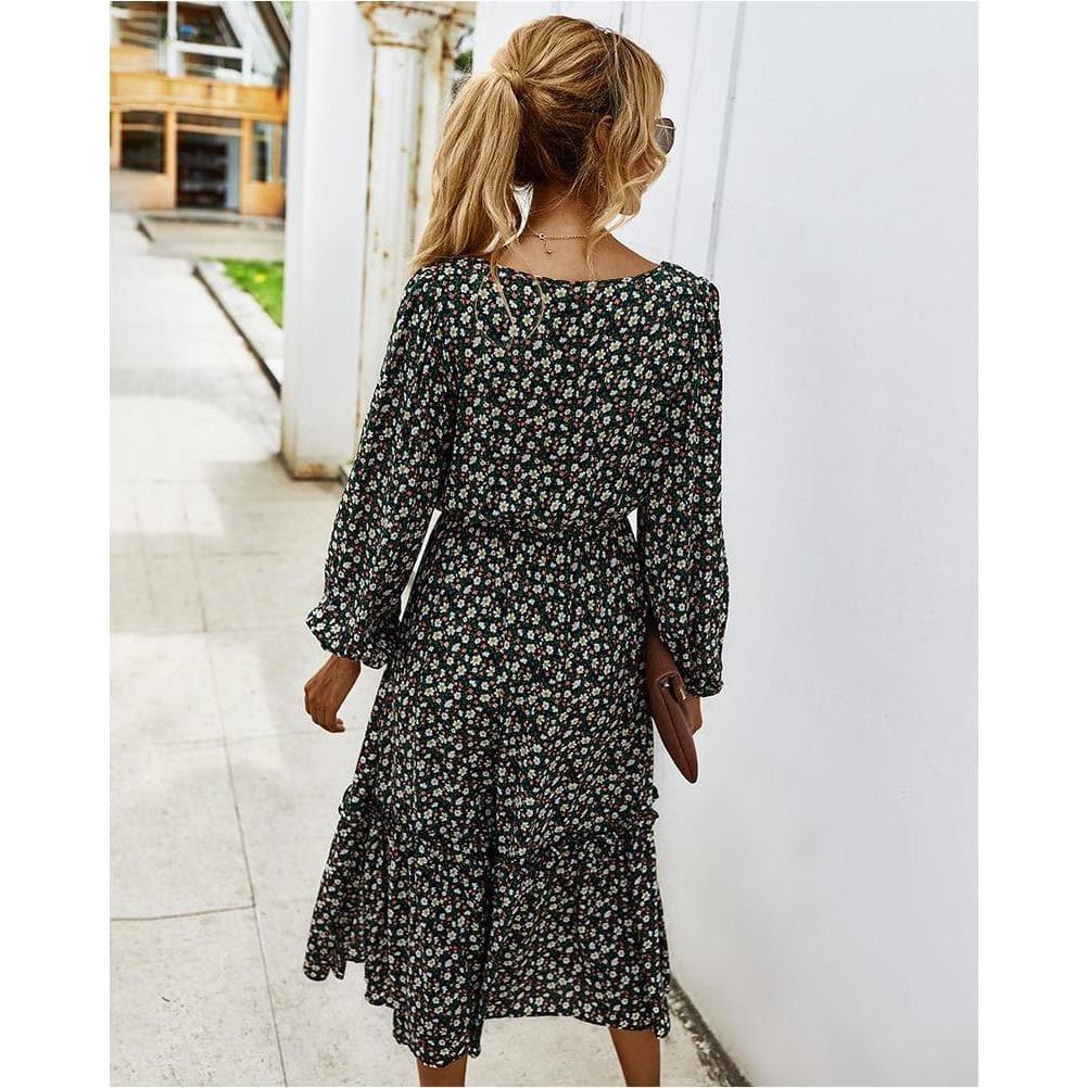 elegant long sleeve flower square collar dress