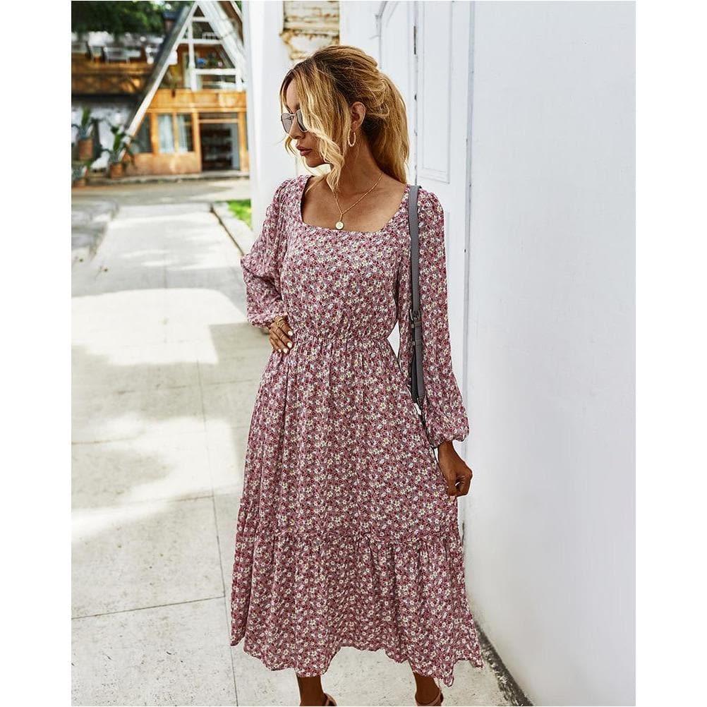 elegant long sleeve flower square collar dress