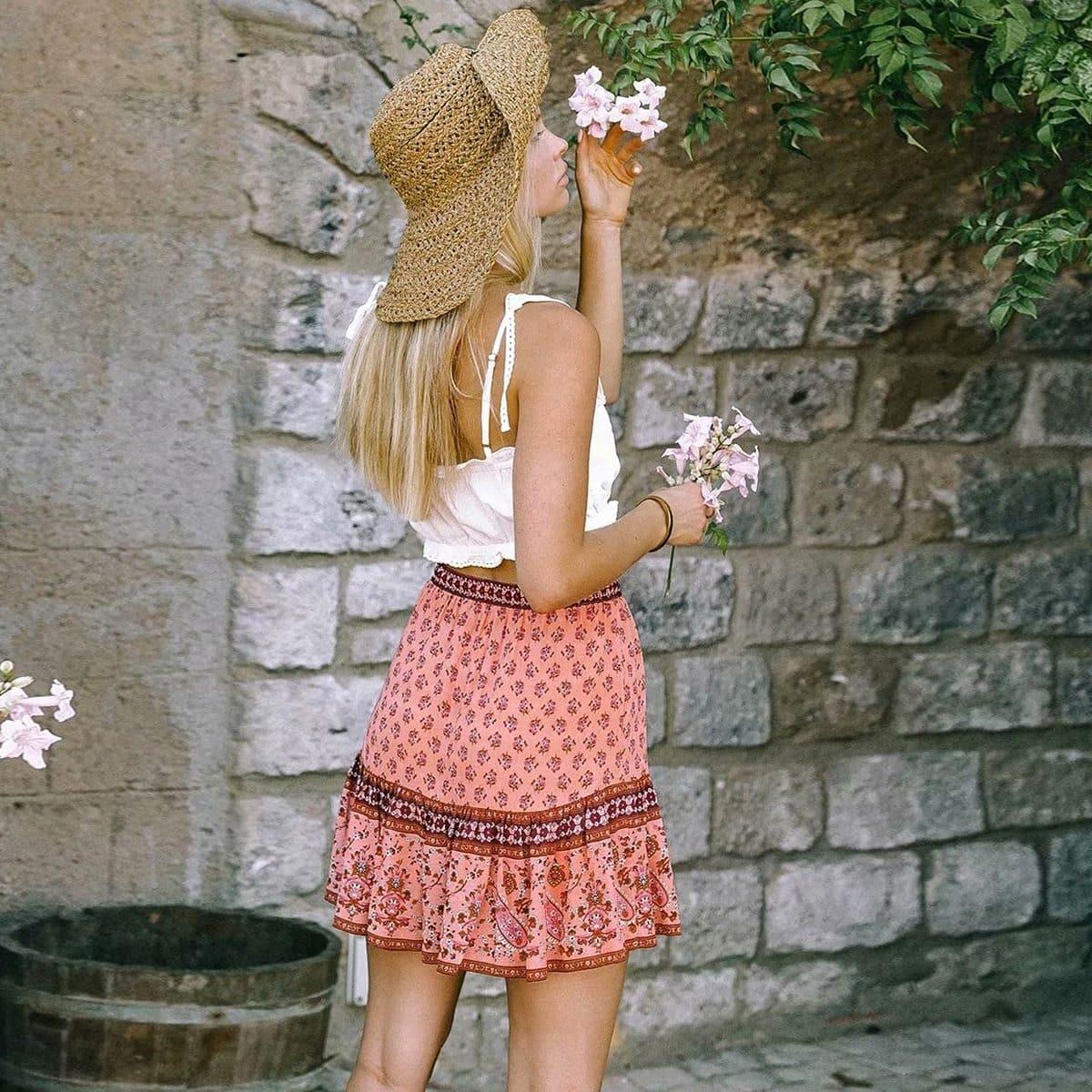 floral elastic tassel mini skirt