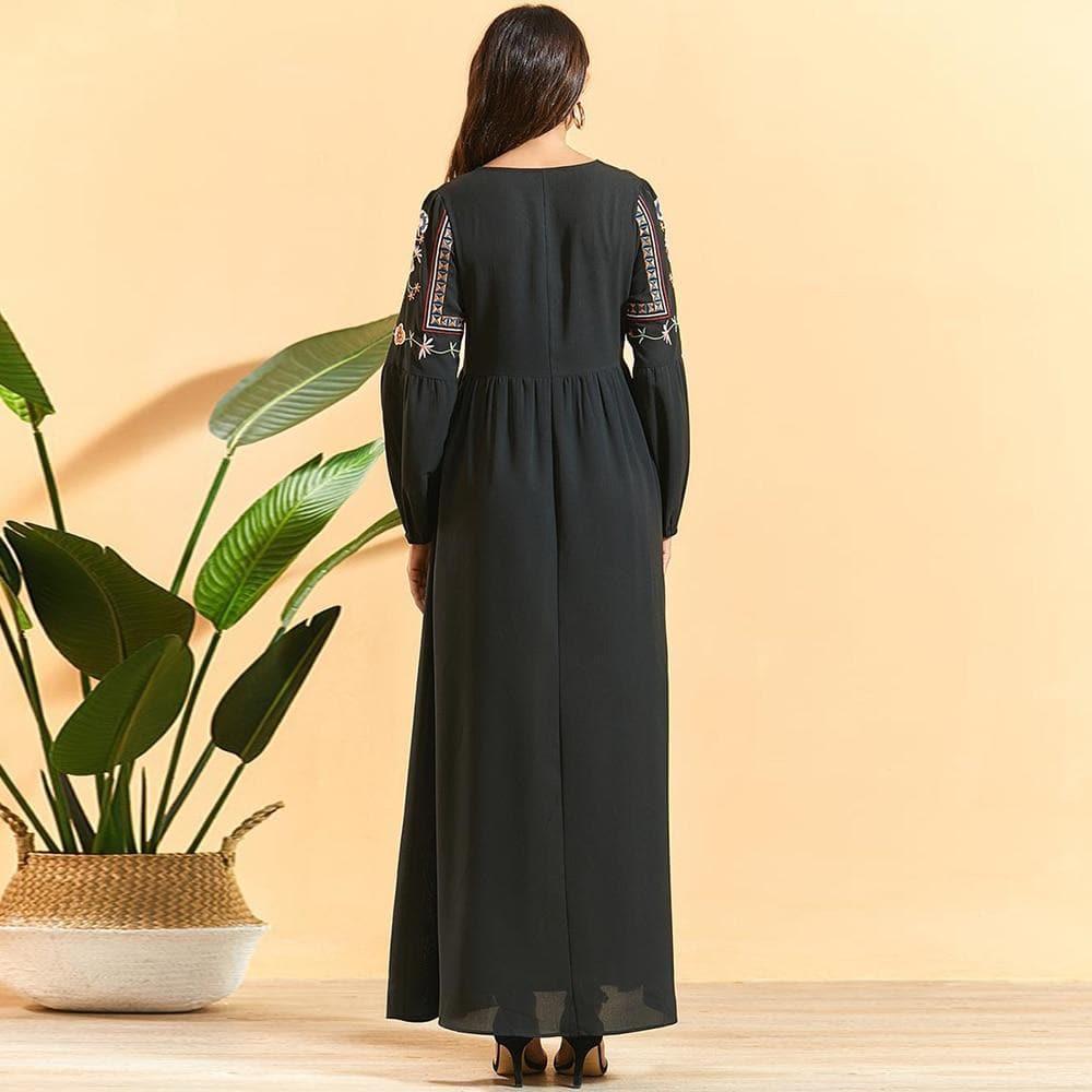 black maxi dress ethnic floral embroidery