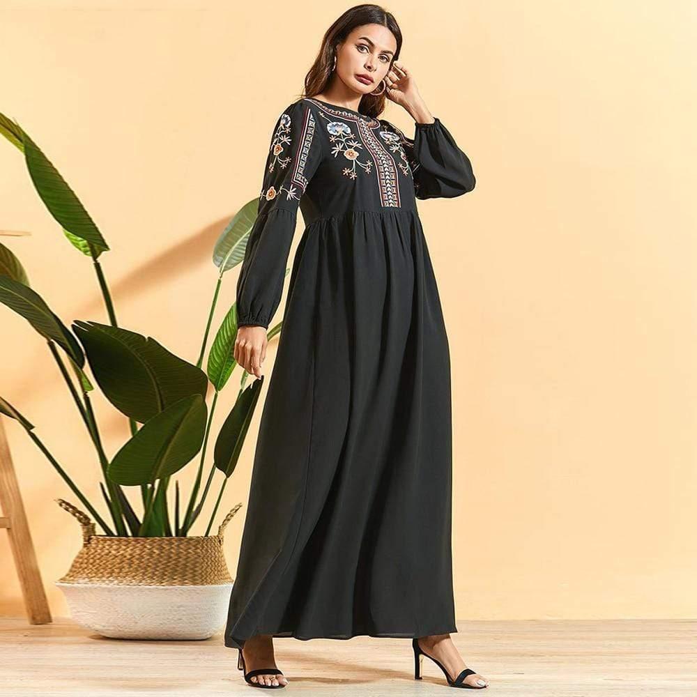 black maxi dress ethnic floral embroidery