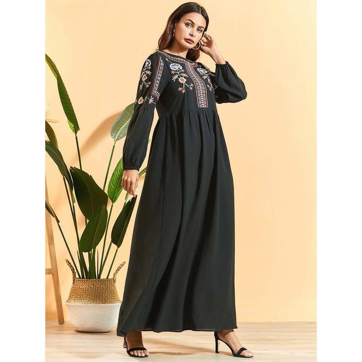 black maxi dress ethnic floral embroidery