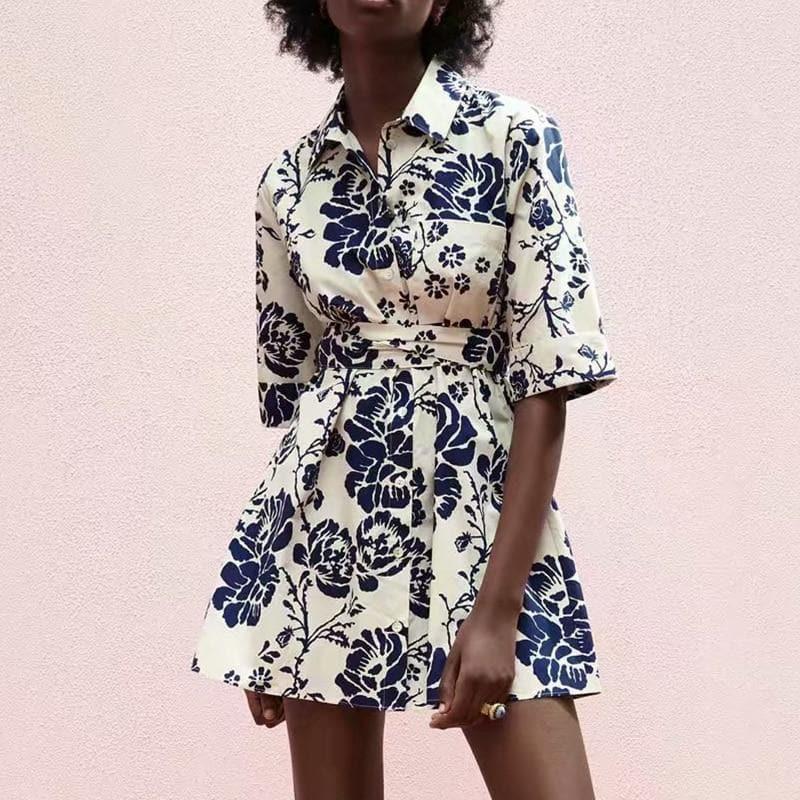 casual retro print slim belt summer dress