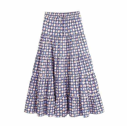 blue geometric drawstring long skirt