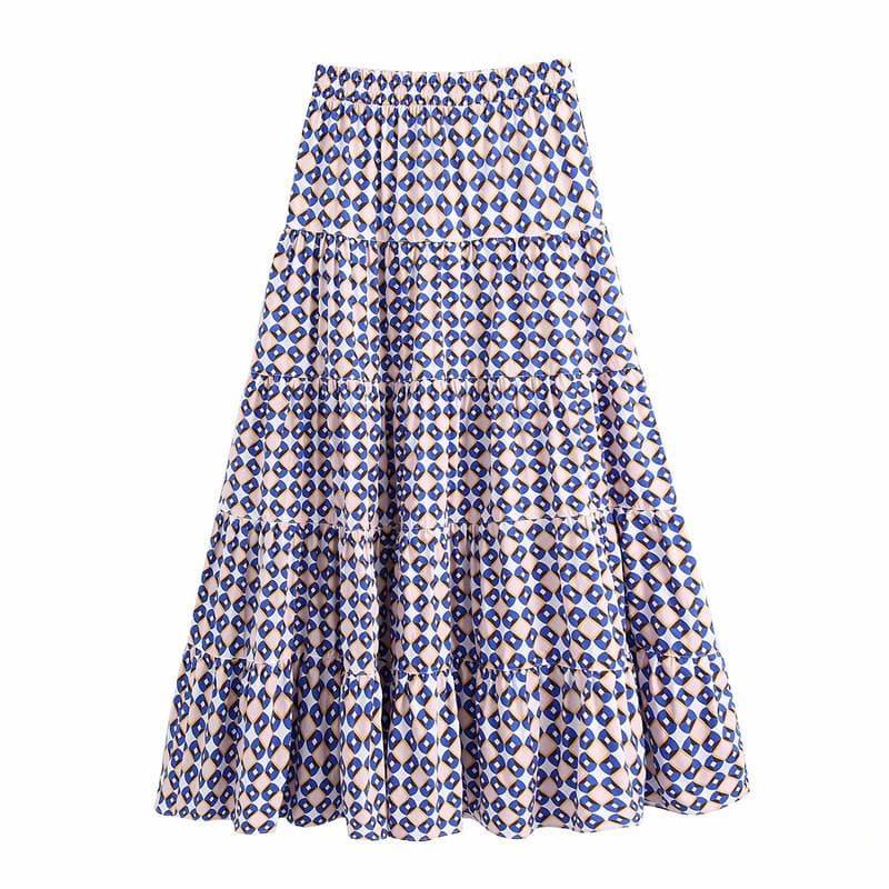 blue geometric drawstring long skirt