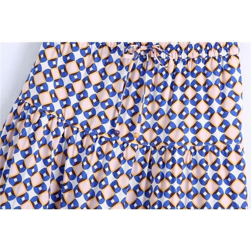 blue geometric drawstring long skirt