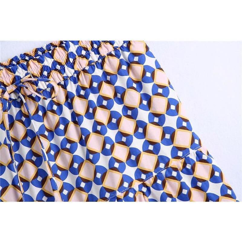 blue geometric drawstring long skirt