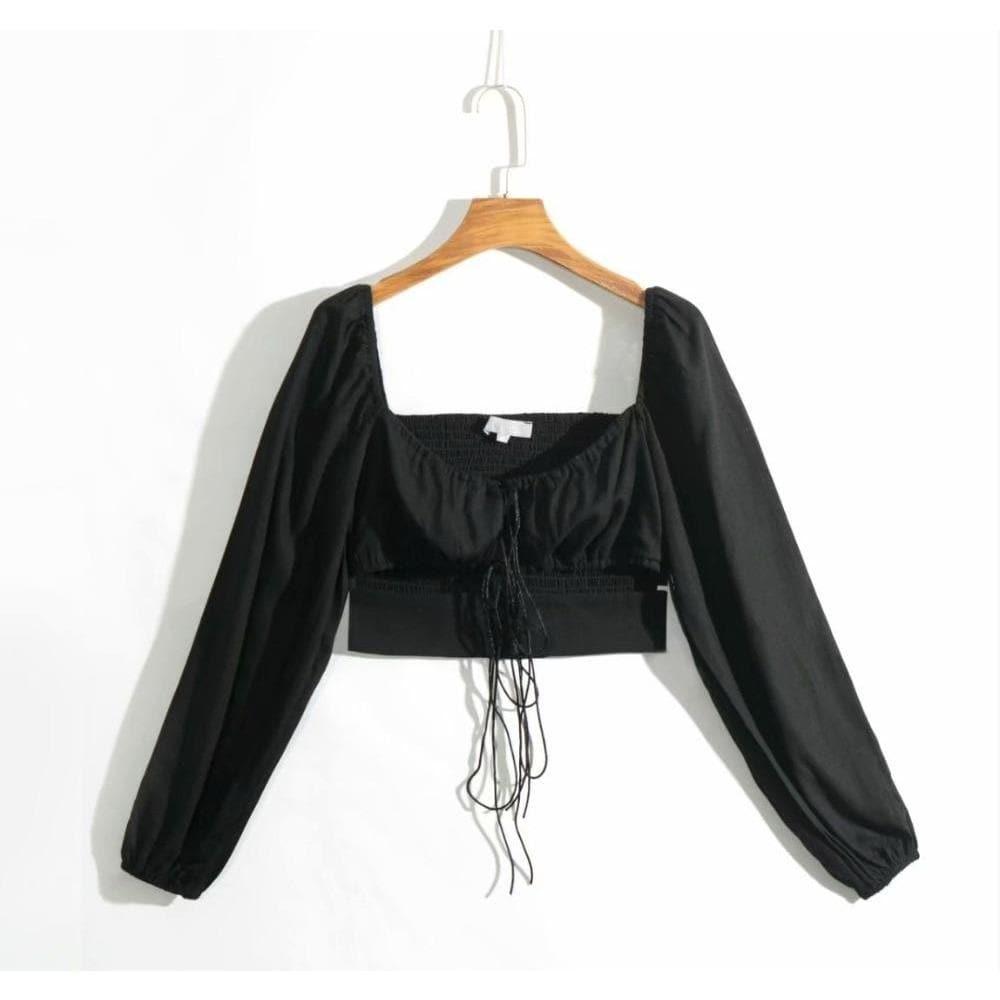 elegant square neck long sleeve elastic waist blouse