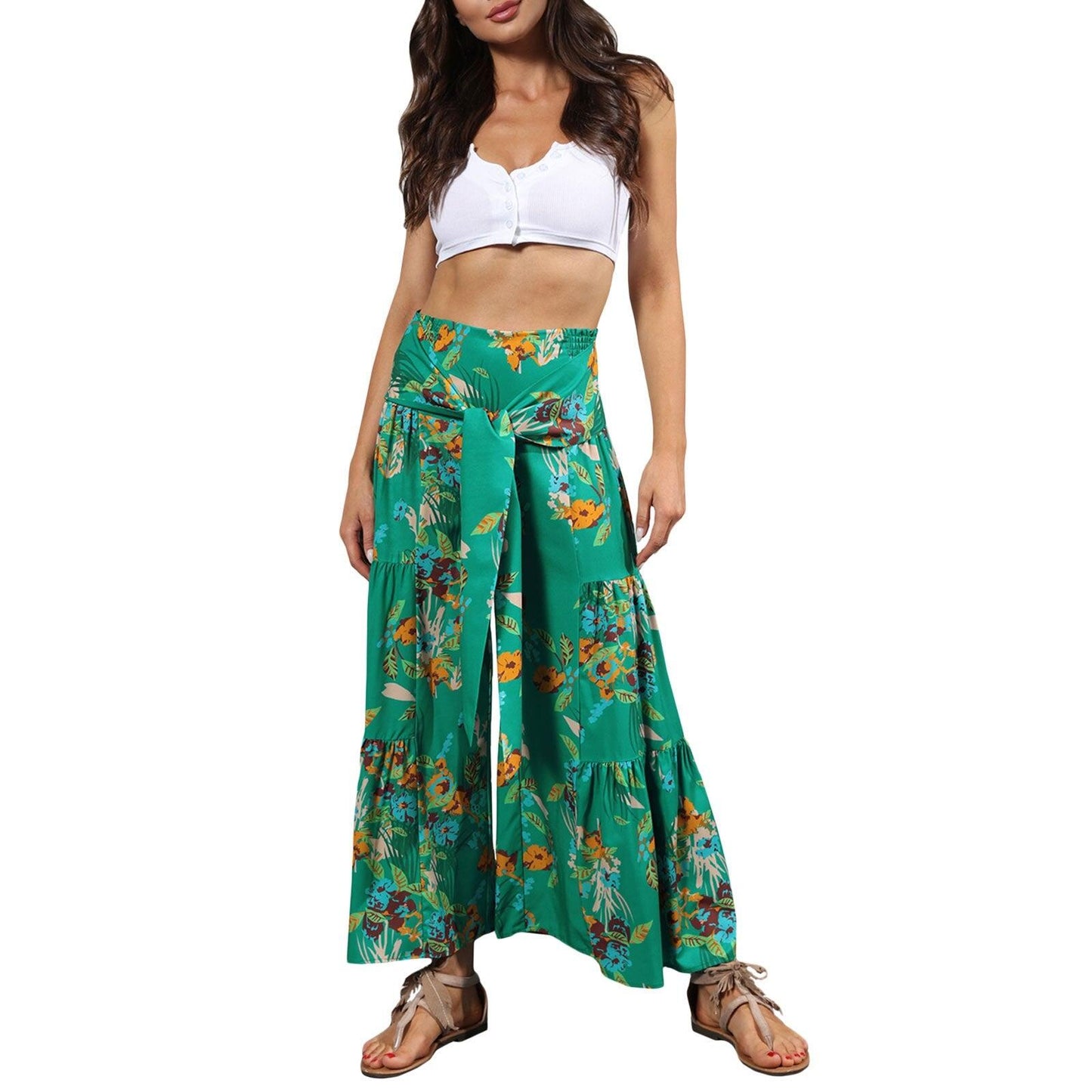 floral ruffle hem bohemian pants