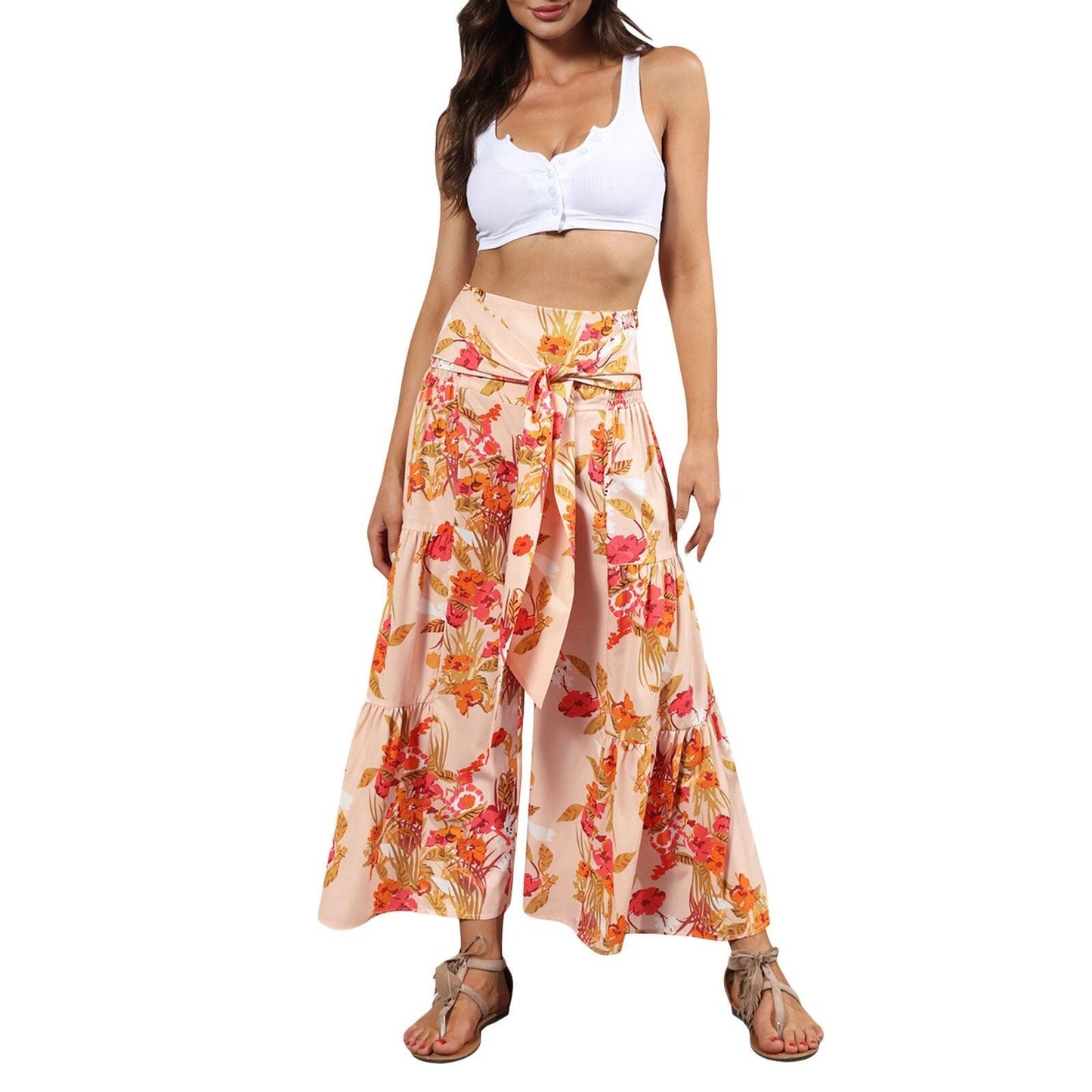 floral ruffle hem bohemian pants