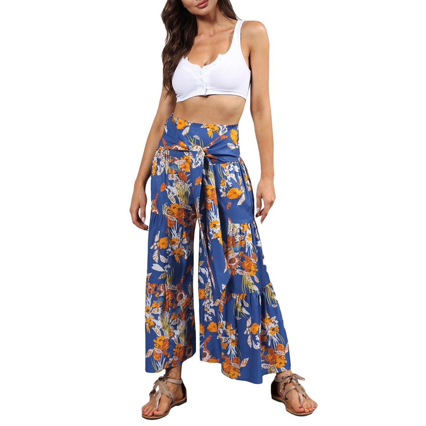 floral ruffle hem bohemian pants