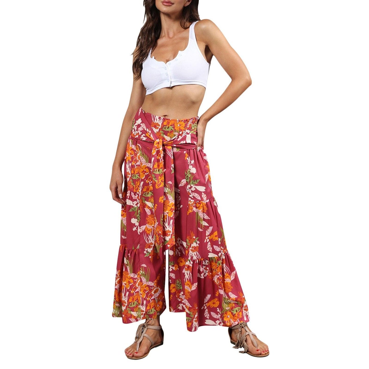 floral ruffle hem bohemian pants