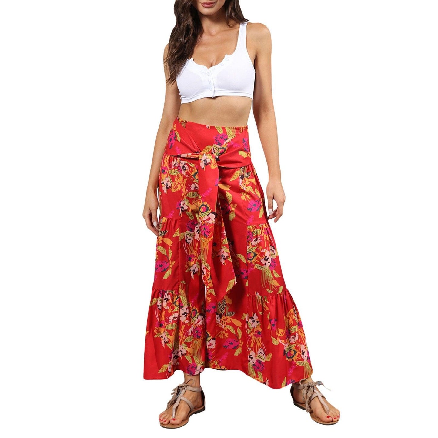 floral ruffle hem bohemian pants