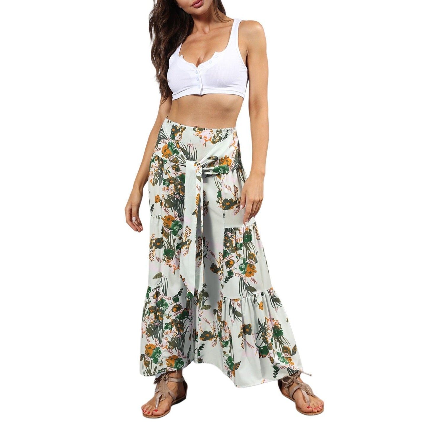 floral ruffle hem bohemian pants