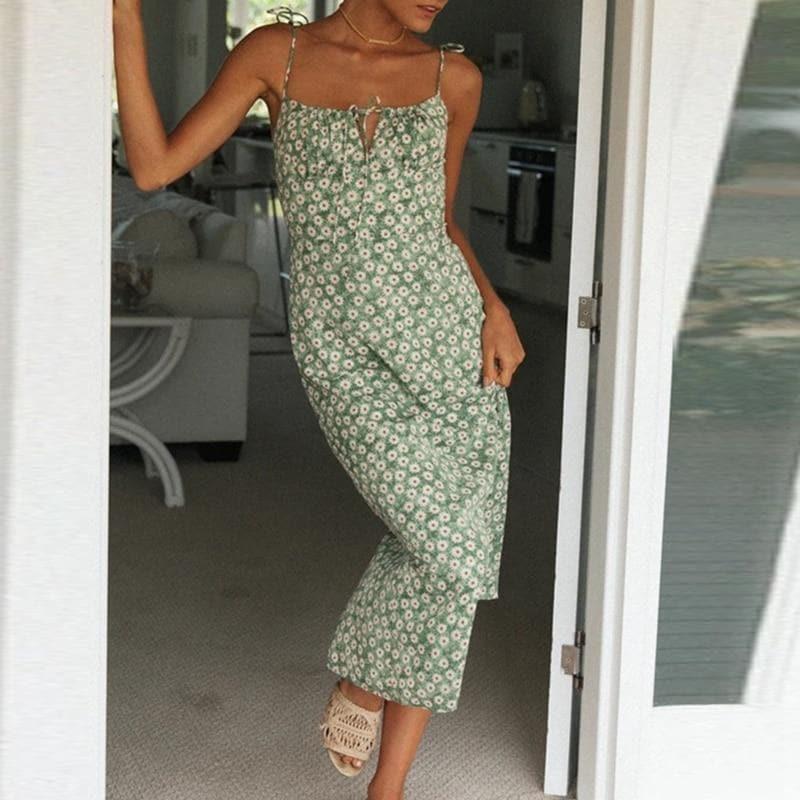 elegant floral print spaghetti strap midi dress