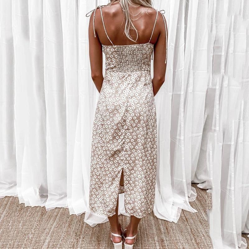 elegant floral print spaghetti strap midi dress