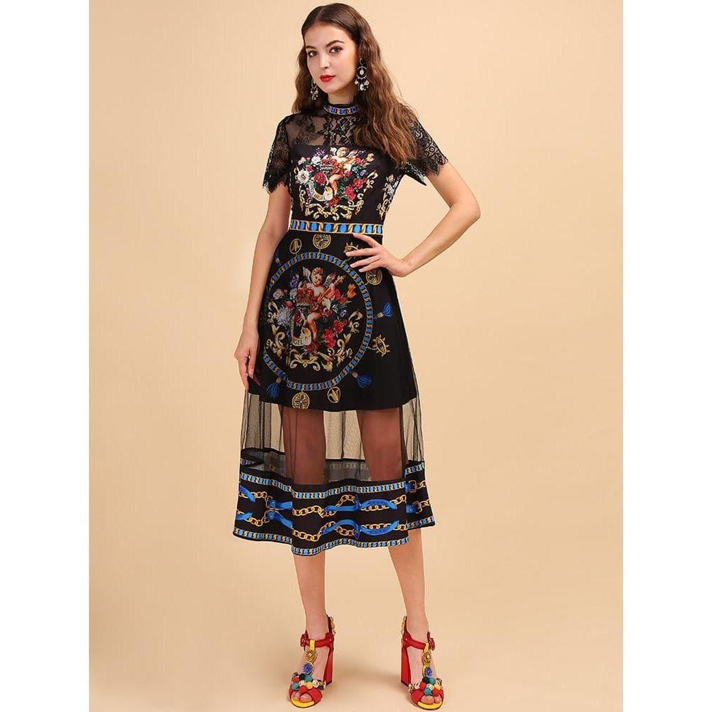 angel printed mesh vintage dress