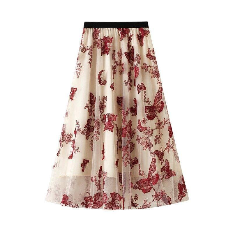 butterfly embroidery tulle midi skirt