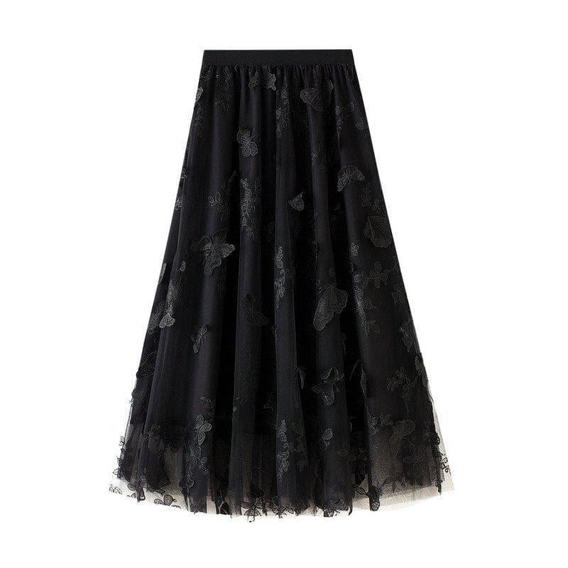 butterfly embroidery tulle midi skirt