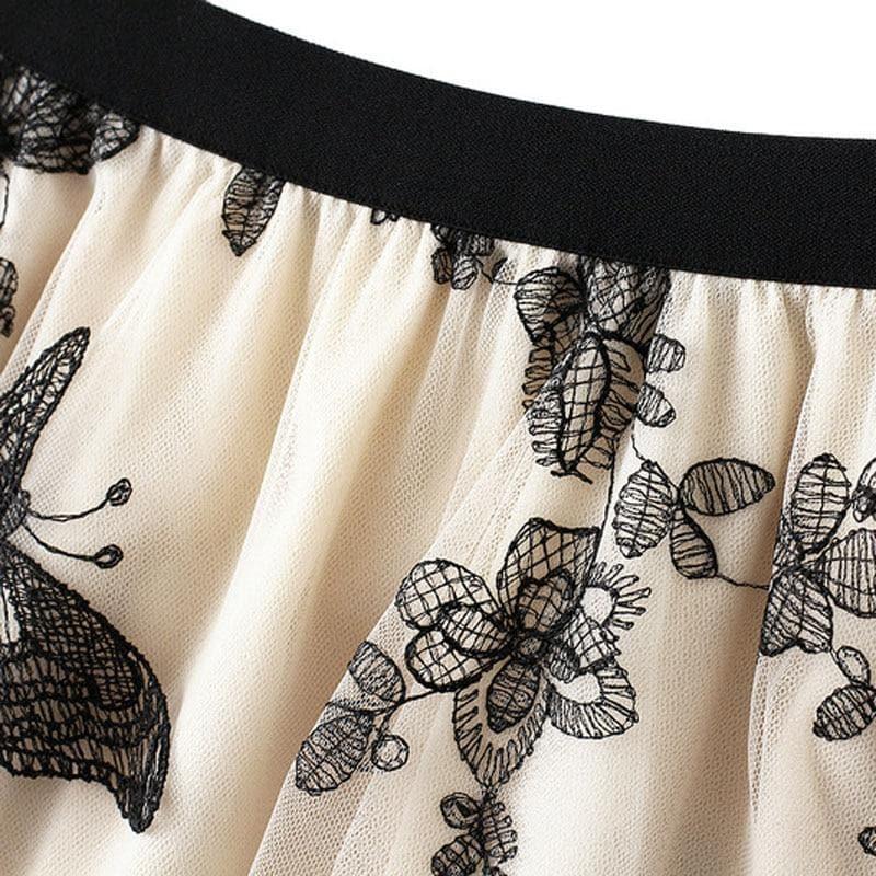 butterfly embroidery tulle midi skirt