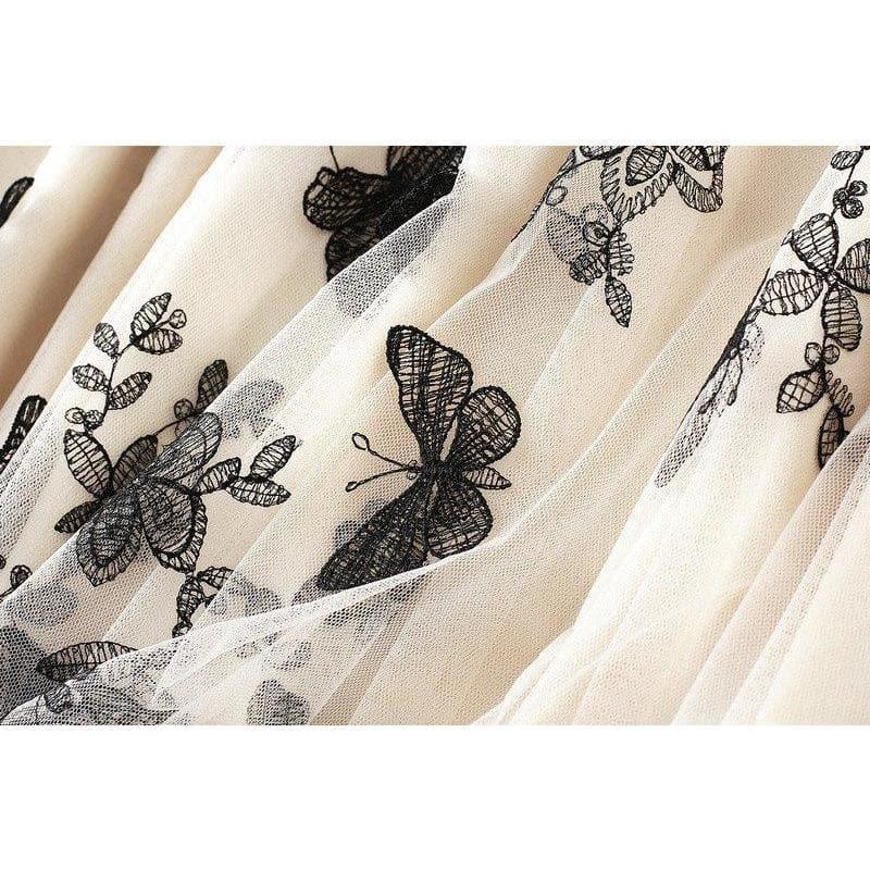 butterfly embroidery tulle midi skirt