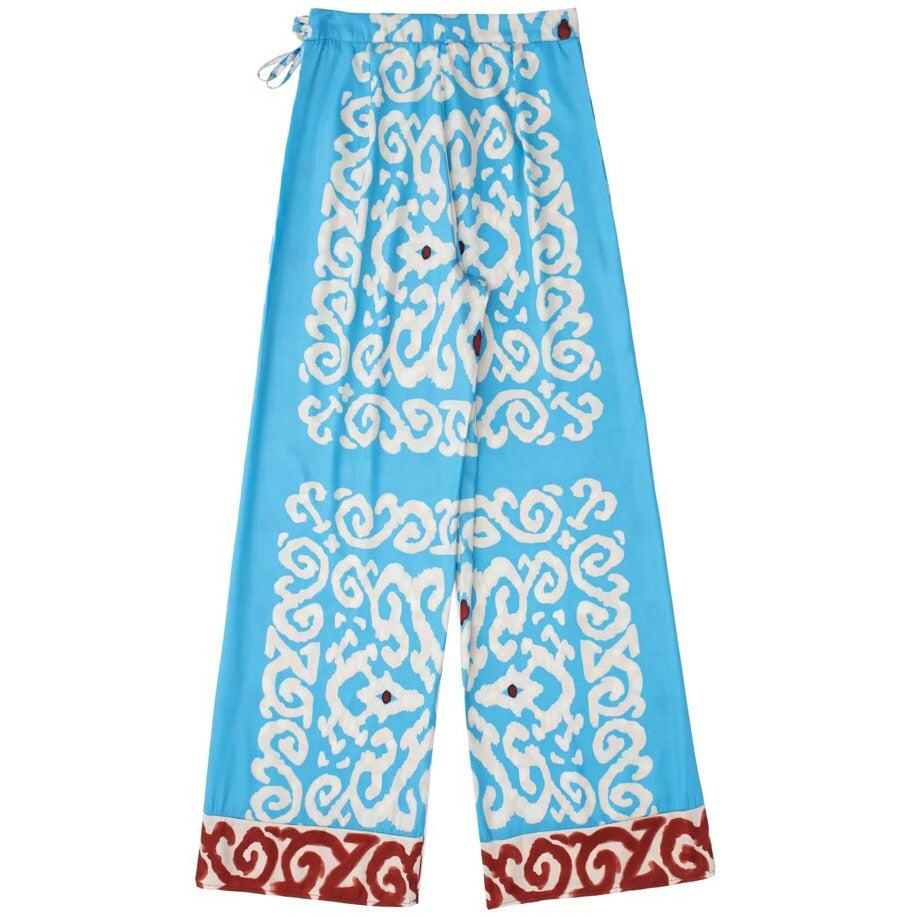 blue abstract wide leg pants