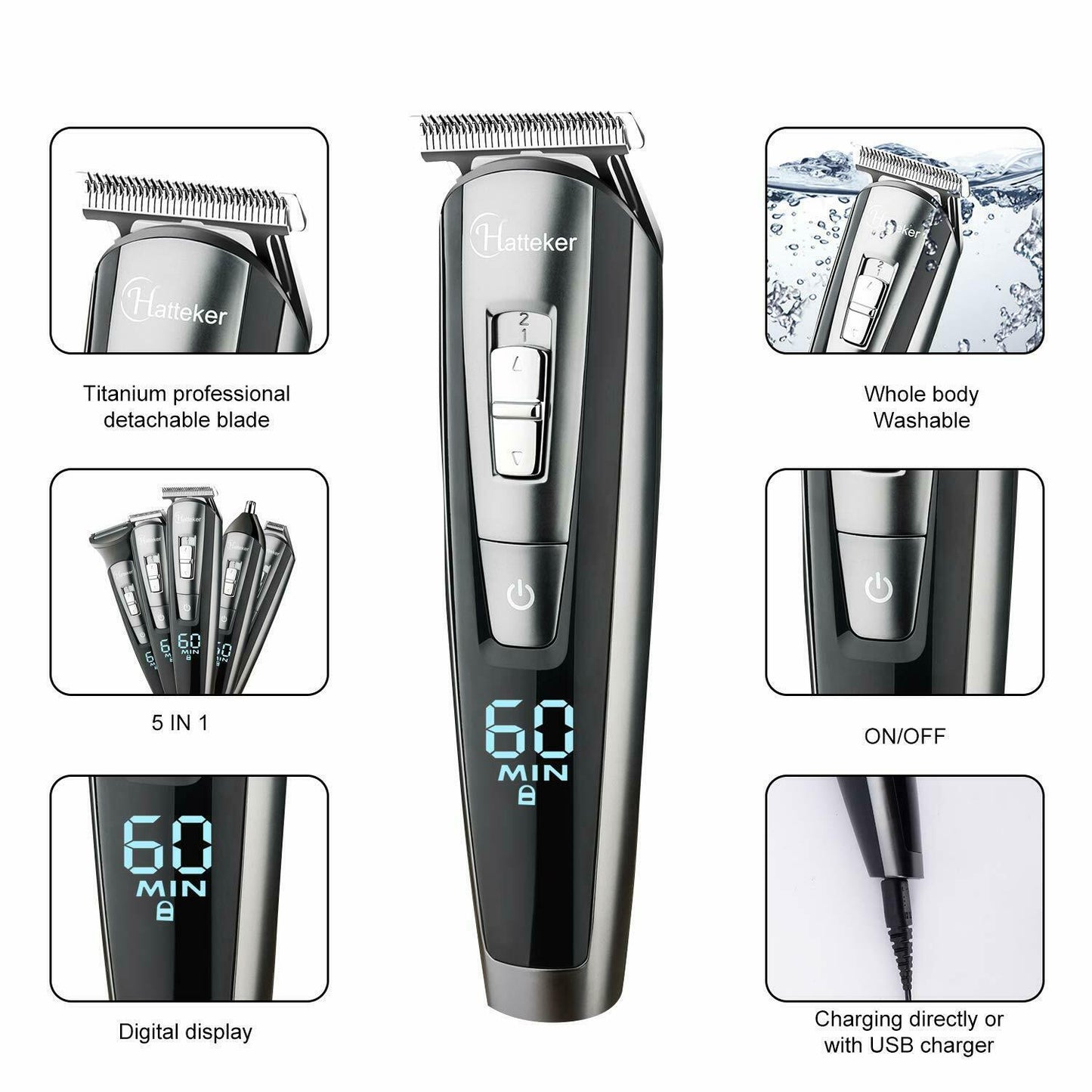 Hair Trimmer Waterproof USB Rechargeable 5 In 1