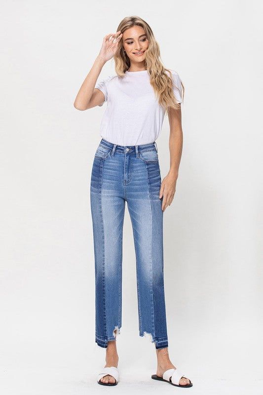 Flying Monkey | Super High Rise Crop Straight Jeans W Contrast And Uneve