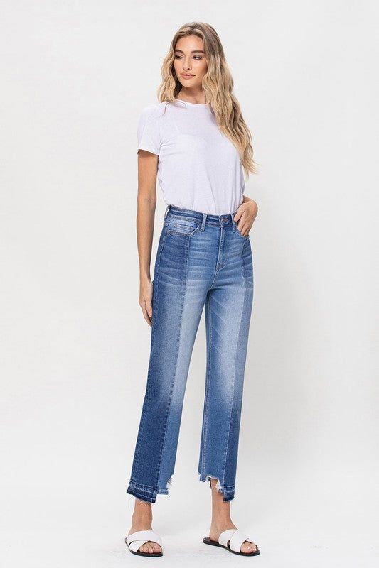 Flying Monkey | Super High Rise Crop Straight Jeans W Contrast And Uneve