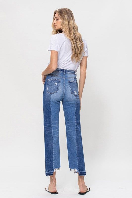 Flying Monkey | Super High Rise Crop Straight Jeans W Contrast And Uneve